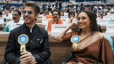 Bollywood actors Shah Rukh Khan and Rani Mukerji during the 71st National Film Awards ceremony, in New Delhi, Tuesday. (PTI) Bollywood actors Shah Rukh Khan and Rani Mukerji during the 71st National Film Awards ceremony, in New Delhi, Tuesday. (PTI)