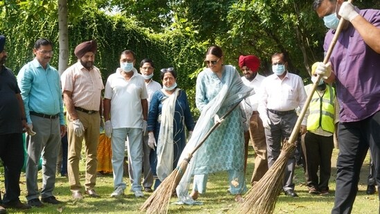 Chandigarh mayor during the cleanliness drive on Tuesday.