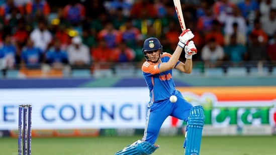 Once Shubman Gill (29 off 19 balls) was holed out off Rishad, Abhishek duly completed his second successive half-century in the tournament off 25 balls.(Creimas/Asian Cricket Council)