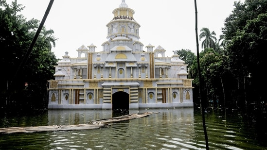 A Durga Puja pandal gets inundated after heavy rainfall in Kolkata, raising concerns for organisers.&nbsp;(Saikat Paul/ANI)