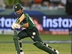 Pakistan's Saim Ayub watches the ball after playing a shot during the Asia Cup 2025 Super Four Twenty20 international cricket match