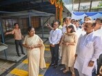 Delhi CM Rekha Gupta with Urban Development Minister Ashish Sood and Mayor of Delhi Raja Iqbal Singh during the inauguration of MCD's Puzzle Parking at Punjabi Bagh Cremation Ground in New Delhi on Thursday. (Sanchit Khanna/ HT PHOTO)