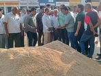 Haryana minister for food, civil supplies and consumer affairs Rajesh Nagar inspecting paddy procurement at Naraingarh grain market of Ambala on Wednesday. (HT Photo) Haryana minister for food, civil supplies and consumer affairs Rajesh Nagar inspecting paddy procurement at Naraingarh grain market of Ambala on Wednesday. (HT Photo)
