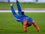 India's captain Suryakumar Yadav dives unsuccessfully to take a catch of Bangladesh's Saif Hassan during the Asia Cup. (AP) India's captain Suryakumar Yadav dives unsuccessfully to take a catch of Bangladesh's Saif Hassan during the Asia Cup. (AP)
