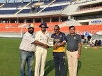 Manendra of CAG team being awarded the Player of the Match title at the New PCA Stadium in Mullanpur on Wednesday. (HT Photo)
