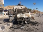 Leh: Charred remains of a vehicle lies in the aftermath of violent clashes between demonstrators and police during a protest in Leh, Thursday, Sept. 25, 2025. Leh: Charred remains of a vehicle lies in the aftermath of violent clashes between demonstrators and police during a protest in Leh, Thursday, Sept. 25, 2025.
