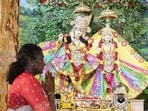 President Droupadi Murmu offers prayers in Mathura on Thursday. (ANI PHOTO)