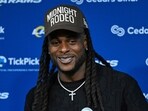 Los Angeles Rams wide receiver Davante Adams speaks during a news conference after the Rams defeated the Tennessee Titans. Los Angeles Rams wide receiver Davante Adams speaks during a news conference after the Rams defeated the Tennessee Titans.