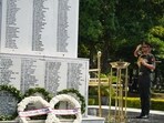 Western Command GOC-in-C Lt Gen Manoj Kumar Katiyar paying homage to the 1965 Indo-Pak War heroes during a victory ceremony held at Veer Smriti lawn, Western Command, in Chandimandir on Wednesday. (HT Photo)