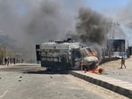 A police vehicle is set on fire during a protest by locals demanding statehood from the government in the high-altitude Leh town of Ladakh region A police vehicle is set on fire during a protest by locals demanding statehood from the government in the high-altitude Leh town of Ladakh region