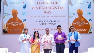 Union Minister of Education Dharmendra Pradhan during the launch of the book ‘Living the Vivekananda Way’ authored by Ananya Awasthi and Nikhil Yadav at Delhi University, in New Delhi on Thursday. (ANI Photo/Atul Kumar Yadav) Union Minister of Education Dharmendra Pradhan during the launch of the book ‘Living the Vivekananda Way’ authored by Ananya Awasthi and Nikhil Yadav at Delhi University, in New Delhi on Thursday. (ANI Photo/Atul Kumar Yadav)