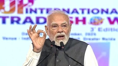 Prime Minister Narendra Modi addresses the 3rd edition of the UP International Trade show, in Gautam Buddha Nagar, on Thursday (ANI Video Grab) (ANI Garb ) Prime Minister Narendra Modi addresses the 3rd edition of the UP International Trade show, in Gautam Buddha Nagar, on Thursday (ANI Video Grab) (ANI Garb )