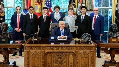 Agastya Goel, 2nd from left, is an Indian-origin teen from California and the son of a Stanford professor. (X/@mkratsios47) Agastya Goel, 2nd from left, is an Indian-origin teen from California and the son of a Stanford professor. (X/@mkratsios47)