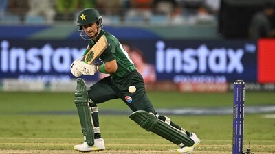 Pakistan's Saim Ayub watches the ball after playing a shot during the Asia Cup 2025 Super Four Twenty20 international cricket match (AFP)