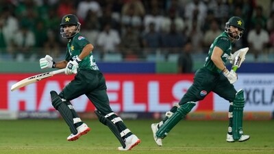 Pakistan's captain Salman Agha, right, and Pakistan's Mohammad Haris run between the wickets (AP) Pakistan's captain Salman Agha, right, and Pakistan's Mohammad Haris run between the wickets (AP)