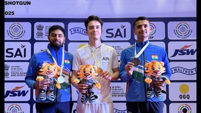 From L-R: Deependra Singh Shekhawat, Kamil Nuriakhmetov, and Rohit Kanyan who finished on the podium in the men’s 50m Rifle Prone event at the ISSF Junior Shooting World Cup. (NRAI)