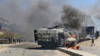 A police vehicle is set ablaze during a protest in Leh by demonstrators demanding statehood for Ladakh. (AP) A police vehicle is set ablaze during a protest in Leh by demonstrators demanding statehood for Ladakh. (AP)