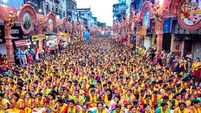 Pune: Women devotees chant ‘Atharvashirsha’ at Shreemant Dagdusheth Halwai Public Ganpati Trust in front of Utsav Mandap on the occasion of Ganesh Chaturthi festival, in Pune, Tuesday, Sept. 19, 2023. (PTI Photo) (PTI09_20_2023_000047B) (PTI)