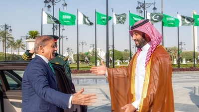 Saudi Crown Prince Mohammed bin Salman and Pakistan Prime Minister Shehbaz Sharif meet in Riyadh (via REUTERS)