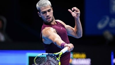 Spain's Carlos Alcaraz hits a return against Argentina's Sebastian Baez during their men's singles round-of-32 match at the ATP Japan Open tennis tournament in Tokyo on September 25, 2025. (Photo by Yuichi YAMAZAKI / AFP) (AFP) Spain's Carlos Alcaraz hits a return against Argentina's Sebastian Baez during their men's singles round-of-32 match at the ATP Japan Open tennis tournament in Tokyo on September 25, 2025. (Photo by Yuichi YAMAZAKI / AFP) (AFP)
