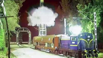 The defence ministry said the successful launch of intermediate range Agni-Prime missile from a rail-based mobile launcher system was carried out under a full operational scenario on September 24, 2025. (ANI Video Grab) The defence ministry said the successful launch of intermediate range Agni-Prime missile from a rail-based mobile launcher system was carried out under a full operational scenario on September 24, 2025. (ANI Video Grab)