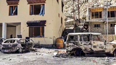 Charred remains of vehicles outside the BJP headquarters building, in the aftermath of violent clashes between demonstrators and police during a protest demanding statehood for Ladakh, in Leh, Thursday, Sept. 25, 2025. (PTI)