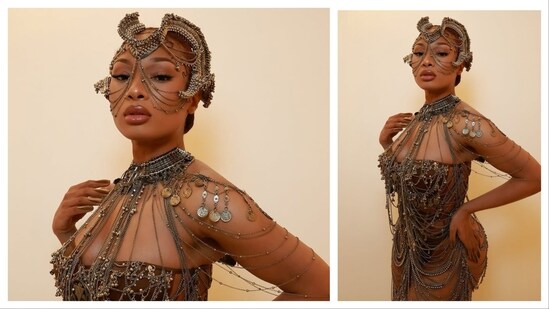 Megan stunned in a sculptural silver gown by Indian couturier Gaurav Gupta. Adorned with cascading metallic chains and intricate embellishments, the look combined sensuality with armor-inspired strength, proving Gupta’s designs are now global red-carpet staples.