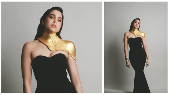 Sharvari turned heads in a MISHO couture look. At its core was a structured neck plate gilded in 24k gold, evocative of excavated relics and sculptural armour. This statement piece was paired with a sculpted black dress showcasing contemporary elegance. This look added another Indian name to the growing list of stars who are embracing futuristic couture with a fearless edge.
