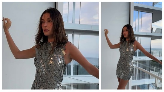 At Marine Serre’s Fall ’25 runway show and later at her Rhode event, Hailey wore a silver metallic dress resembling a mosaic of mirrored strips. The look was sleek, modern, and unapologetically futuristic — a perfect example of how minimal design can still create maximum impact.