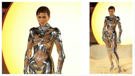 For the Dune: Part Two premiere, Zendaya wore Thierry Mugler’s legendary fall/winter 1995 couture creation — the chrome 'robot suit.' The full-body armor was both couture history and futuristic fantasy, instantly going viral and cementing her status as fashion’s boldest risk-taker.
