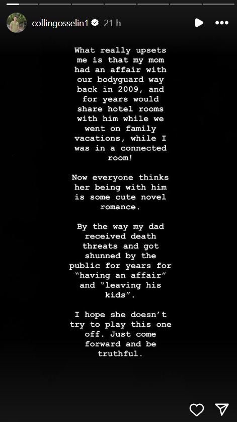 Collin Gosselin reacted to his mother dating the family's ex-bodyguard on his Instagram Stories. (Instagram/@collingosselin1)