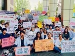 Students protesting over stipend issues at Guru Angad Dev Veterinary and Animal Sciences University in Ludhiana on Friday. (HT Photo) Students protesting over stipend issues at Guru Angad Dev Veterinary and Animal Sciences University in Ludhiana on Friday. (HT Photo)