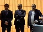 (From left) Tata Motors CV CEO Girish Wagh, JLR CEO PB Balaji and Tata Motors CEO Shailesh Chandra at a launch event in New Delhi.