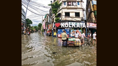 A view of a waterlogged street after heavy rainfall, in Kolkata. (Debajyoti Chakraborty) A view of a waterlogged street after heavy rainfall, in Kolkata. (Debajyoti Chakraborty)