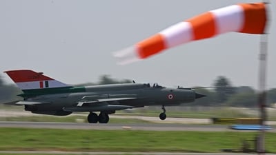 Indian Air Force MIG-21 Bison fighter jet approaches the tarmac during rehearsal ahead of its farewell at Chandigarh Airforce Station on Wednesday. (Arun Sankar/AFP) Indian Air Force MIG-21 Bison fighter jet approaches the tarmac during rehearsal ahead of its farewell at Chandigarh Airforce Station on Wednesday. (Arun Sankar/AFP)
