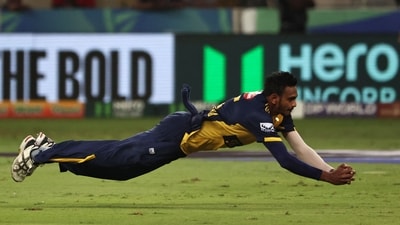 Sri Lanka's fielding was on fire through the match: Theekshana started with a fine return catch off Gill, but it was this stunning diving effort from Dushmantha Chameera over his shoulder off his own bowling to dismiss Hardik Pandya that will make the highlight package. (AFP) Sri Lanka's fielding was on fire through the match: Theekshana started with a fine return catch off Gill, but it was this stunning diving effort from Dushmantha Chameera over his shoulder off his own bowling to dismiss Hardik Pandya that will make the highlight package. (AFP)