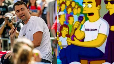 Charlie Kirk at Utah Valley University before he was shot (L) and the Ai generated image of the image as a The Simpson character going viral (R). (File Photo and X) Charlie Kirk at Utah Valley University before he was shot (L) and the Ai generated image of the image as a The Simpson character going viral (R). (File Photo and X)