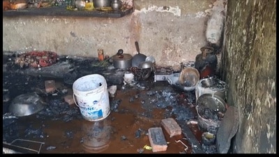 Charred remains of the house where 4our members of a migrant family, including a child, were burnt alive after fire engulfed their single-room accommodation in Vikram Colony of Rajpura in Patiala on Friday. (HT Photo) Charred remains of the house where 4our members of a migrant family, including a child, were burnt alive after fire engulfed their single-room accommodation in Vikram Colony of Rajpura in Patiala on Friday. (HT Photo)