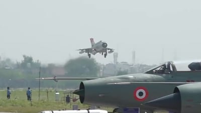 The fighter pilots flew the MiG-21 jets in the three-aircraft Badal formation and the four-aircraft Panther formation, thundering over the skies for one final time. (X video grab/PTI) The fighter pilots flew the MiG-21 jets in the three-aircraft Badal formation and the four-aircraft Panther formation, thundering over the skies for one final time. (X video grab/PTI)