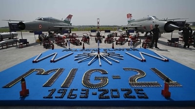 Air Force MIG-21 Bison fighter jets stand at the tarmac during rehearsal ahead of its farewell at Chandigarh Airforce Station (AFP)