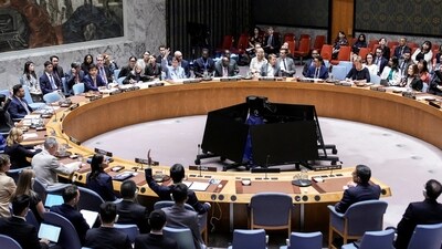 Members of the United Nations Security Council vote on a resolution by Russia and China to delay by six months the reimposition of sanctions on Iran during the 80th UN General Assembly in New York City, US. (REUTERS)