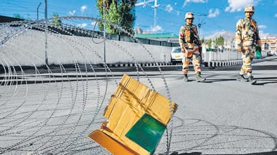 Indo-Tibetan Border Police (ITBP) personnel patrol along a road during a curfew after unrest in Leh on Friday. (AFP) Indo-Tibetan Border Police (ITBP) personnel patrol along a road during a curfew after unrest in Leh on Friday. (AFP)