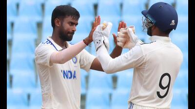 Manav Suthar (left) celebrates a wicket in Lucknow. (File photo) Manav Suthar (left) celebrates a wicket in Lucknow. (File photo)