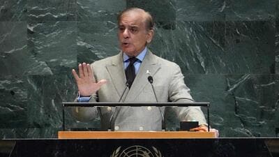 Pakistan's Prime Minister Muhammad Shehbaz Sharif speaks during the General Debate of the United Nations General Assembly at UN headquarters in New York City on Friday. (AFP) Pakistan's Prime Minister Muhammad Shehbaz Sharif speaks during the General Debate of the United Nations General Assembly at UN headquarters in New York City on Friday. (AFP)