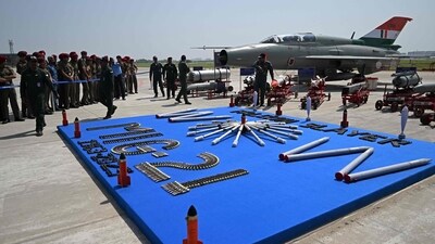 Preparations were underway ahead of the culmination ceremony of MiG-21 fighter jets at Chandigarh airbase on Wednesday. (Arun Sankar/AFP) Preparations were underway ahead of the culmination ceremony of MiG-21 fighter jets at Chandigarh airbase on Wednesday. (Arun Sankar/AFP)