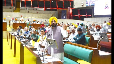 Punjab CM Bhagwant Mann on the first day of Vidhan Sabha session in Chandigarh. (Ravi Kumar/HT) Punjab CM Bhagwant Mann on the first day of Vidhan Sabha session in Chandigarh. (Ravi Kumar/HT)