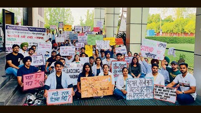 Students protesting over stipend issues at Guru Angad Dev Veterinary and Animal Sciences University in Ludhiana on Friday. (HT Photo) Students protesting over stipend issues at Guru Angad Dev Veterinary and Animal Sciences University in Ludhiana on Friday. (HT Photo)
