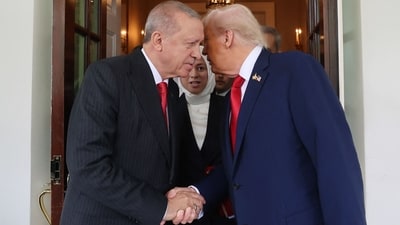 US President Donald Trump bidding farewell to Turkish President Recep Tayyip Erdogan following a meeting in the Oval Office at the White House on September 25, 2025 in Washington, DC. (AFP) US President Donald Trump bidding farewell to Turkish President Recep Tayyip Erdogan following a meeting in the Oval Office at the White House on September 25, 2025 in Washington, DC. (AFP)