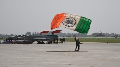 Two MiG-21 bison fighter jets stand stationed at the tarmac of Chandigarh airforce station as the pilots rehearsed for the farewell formations on Wednesday. (Arun Sankar/AFP) Two MiG-21 bison fighter jets stand stationed at the tarmac of Chandigarh airforce station as the pilots rehearsed for the farewell formations on Wednesday. (Arun Sankar/AFP)