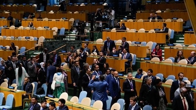 Attendees walk out as Benjamin Netanyahu, Israel's prime minister, not pictured, speaks during the United Nations General Assembly (UNGA) in New York, US, on Friday. (Bloomberg) Attendees walk out as Benjamin Netanyahu, Israel's prime minister, not pictured, speaks during the United Nations General Assembly (UNGA) in New York, US, on Friday. (Bloomberg)